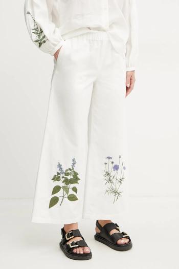 Nohavice s prímesou ľanu Weekend Max Mara dámske, biela farba, široké, vysoký pás, 2515131112600
