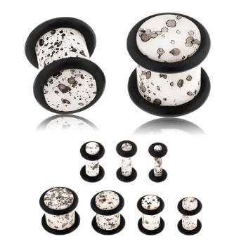 Akrylový plug do ucha, povrch bielej farby s čiernymi fliačikmi, čierne gumičky - Hrúbka: 4 mm