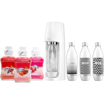 SodaStream Spirit White + fľaša + príchute JAHODA, ZÁHRADNÉ OVOCIE, MALINA