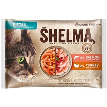 Shelma Kitten dusené filetky bez obilnín, losos a morka 4× 85 g ( 8595606406988)