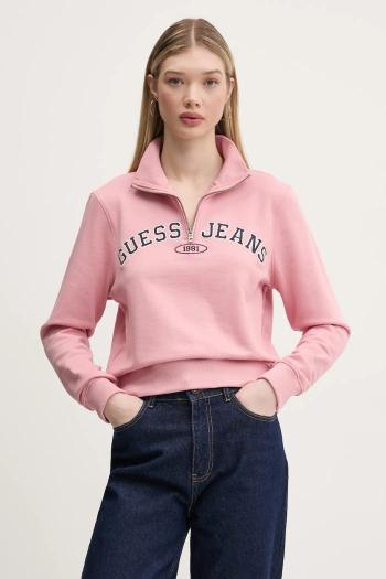 Bavlnená mikina Guess Jeans dámska, ružová farba, s nášivkou, W5RQ25 K68I4