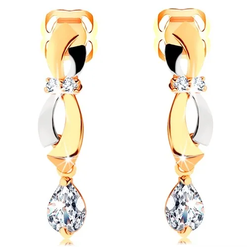 Náušnice v 14K zlate - dvojfarebné oblúčiky, visiaca zirkónová slza