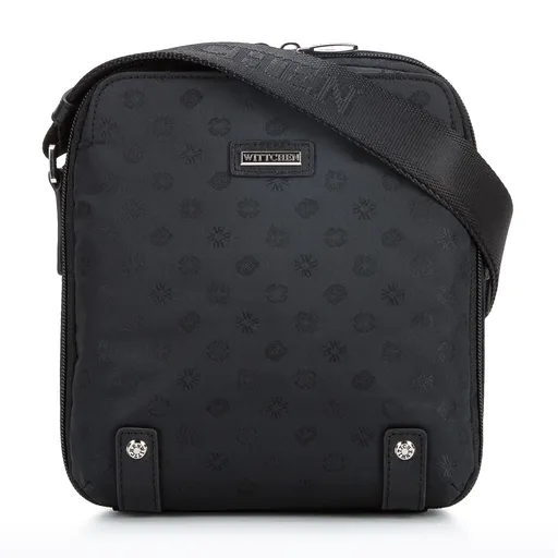 Dámska žakárová kabelka s koženými pásikmi vertikálna čierna 95-4-904-1