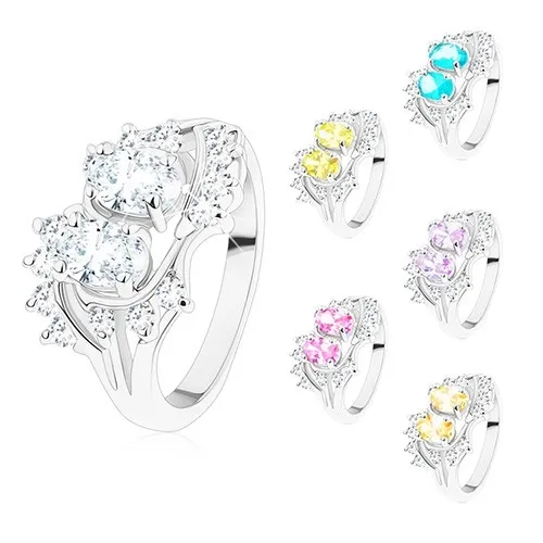 Prsteň striebornej farby, zahnuté konce ramien, ligotavé číre a farebné zirkóny - Veľkosť: 57 mm, Farba: Ružová