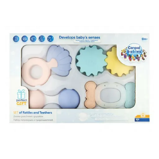 CANPOL BABIES Prvý set hrkálok s hryzátkami PASTEL 4 kusy