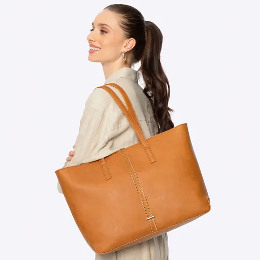 Dámska nákupná kabelka z imitácie kože s nitmi hnedá 100-4Y-209-5