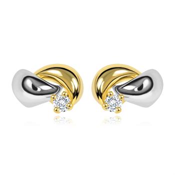 Zlaté 14K náušnice s ligotavým diamantom, dvojfarebné oblúčiky, puzetky