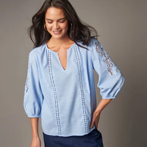 Blúzka so 7/8 rukávmi a ažúrovou výšivkou