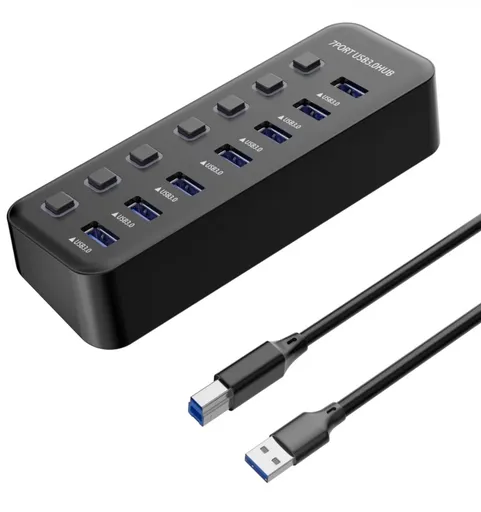 PREMIUMCORD Hub USB 3.2, 7-portový s vypínačmi portov, 5G SuperSpeed, Čierna