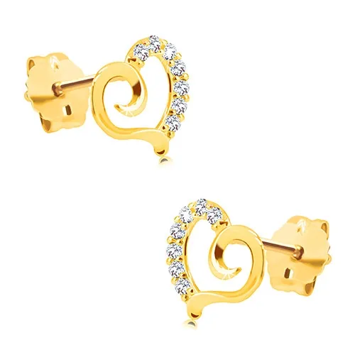 Náušnice zo žltého zlata 585 - kontúra asymetrického srdca so zirkónovou polovicou