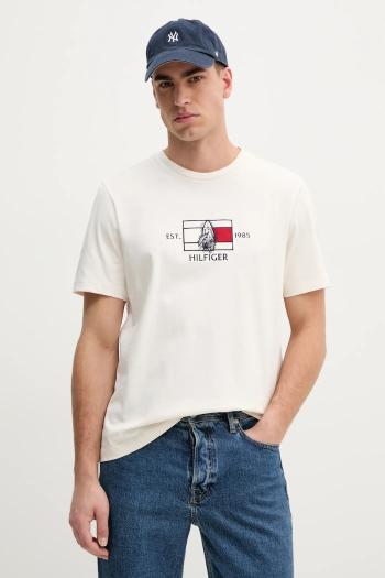 Bavlnené tričko Tommy Hilfiger pánske, béžová farba, s nášivkou, MW0MW38628