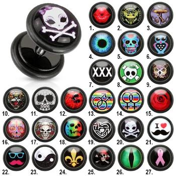 Fake plug do ucha z akrylu, lesklé čierne kolieska, rôzne motívy - Symbol: FP24