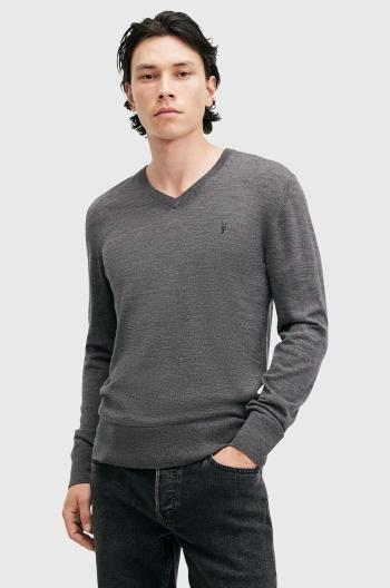 Vlnený sveter AllSaints MODE MERINO VNECK pánsky, šedá farba, tenký, M022KA