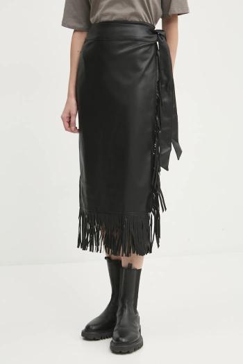 Kožená sukňa Never Fully Dressed Vegan Leather Fringe Jaspre čierna farba, midi, puzdrová, NFDSK573