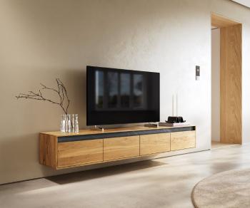 TV stolík Stonegrace 200 cm prírodný dub bridlicový 4 zásuvky nástenný