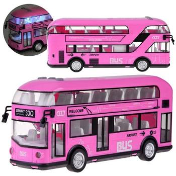 Ružový poschodový autobus s otváracími dverami