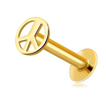 Zlatý 14K piercing do pery a brady - okrúhly symbol mieru, lesklý povrch