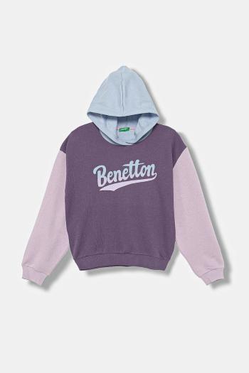 Detská bavlnená mikina United Colors of Benetton fialová farba, s kapucňou, s potlačou, 3J68C204W