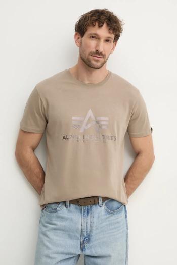 Bavlnené tričko Alpha Industries pánske, béžová farba, s potlačou, 100501CB