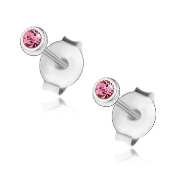 Strieborné 925 náušnice, drobný ružový krištálik Swarovski v objímke, 3 mm