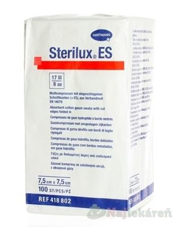 Sterilux ES kompres nesterilný 17 vlákien 8 vrstiev 7,5 cm x 7,5 cm 100 ks