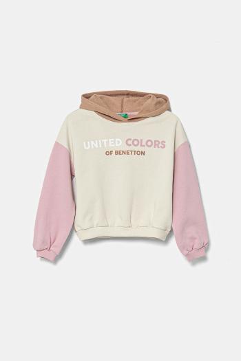 Detská bavlnená mikina United Colors of Benetton béžová farba, s kapucňou, s potlačou, 3J68C204D