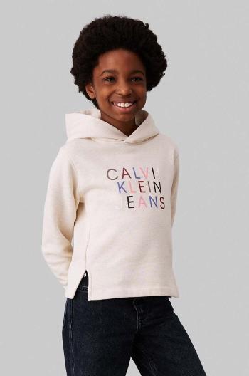 Detská mikina Calvin Klein Jeans béžová farba, s kapucňou, s nášivkou, IG0IG02637