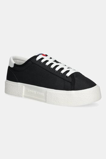 Tenisky Tommy Jeans FLATFORM CANVAS SNEAKER dámske, čierna farba, EN0EN02792