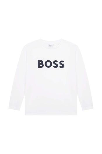 Detská bavlnená košeľa s dlhým rukávom BOSS biela farba, s potlačou