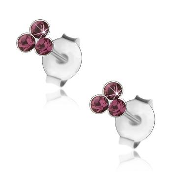 Strieborné 925 náušnice, tri okrúhle krištáliky Swarovski fialovej farby