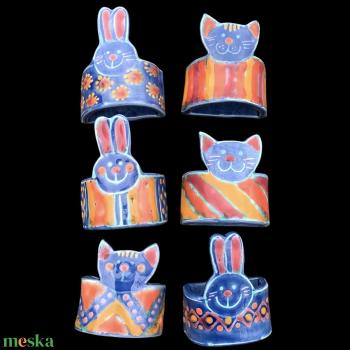 6 db Gyönyörű mázas kerámia szalvétagyűrű,  vintage kézműves cserép dísz a 80-as évekből, kerámia szalvéta gyűrű