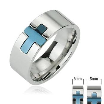 Oceľový prsteň - modrý kríž - Veľkosť: 64 mm