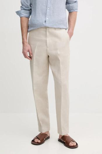 Ľanové nohavice Tommy Hilfiger pánske, béžová farba, rovné, SQTHL5607.SQTH500