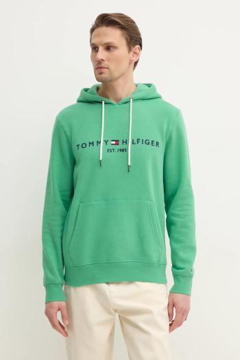 Mikina Tommy Hilfiger pánska, zelená farba, s kapucňou, s nášivkou