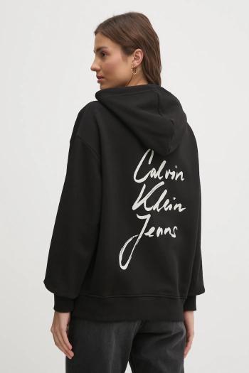 Bavlnená mikina Calvin Klein Jeans dámska, čierna farba, s kapucňou, s potlačou, J20J225493