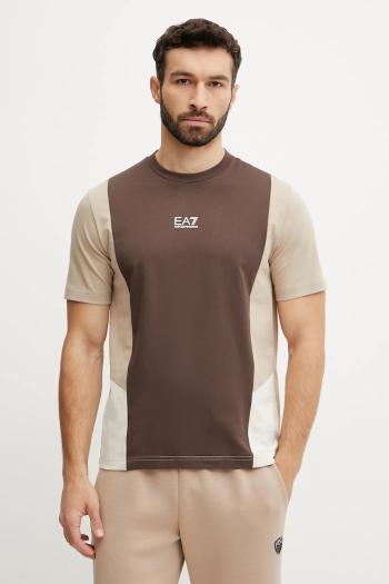Bavlnené tričko EA7 Emporio Armani pánske, hnedá farba, vzorované, AF12874.7M000276