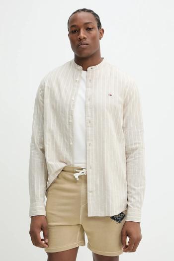 Košeľa s prímesou ľanu Tommy Jeans béžová farba, regular, so stojačikom, DM0DM20893