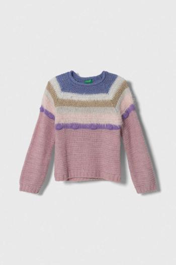 Detský sveter s prímesou vlny United Colors of Benetton ružová farba, tenký