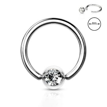 Oceľový 316L piercing do obočia - krúžok s čírym kryštálikom v okrúhlej objímke, 1,2 mm, priemer 6 mm