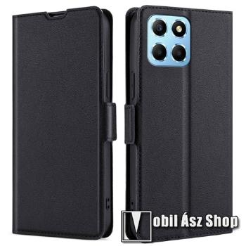 SLIM WALLET notesz / mappa tok - FEKETE - oldalra nyíló, asztali tartó funkciós, bankkártyatartó, szilikon belsővel, mágneses záródás - HUAWEI Honor X6 / X8 5G / Play6C / Play 30 / 70 Lite