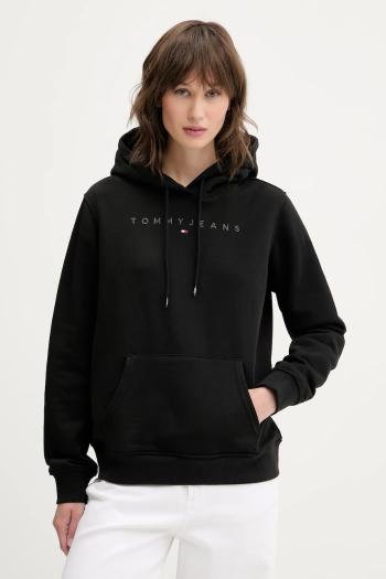 Mikina Tommy Jeans čierna farba, s kapucňou, s nášivkou, DW0DW20304