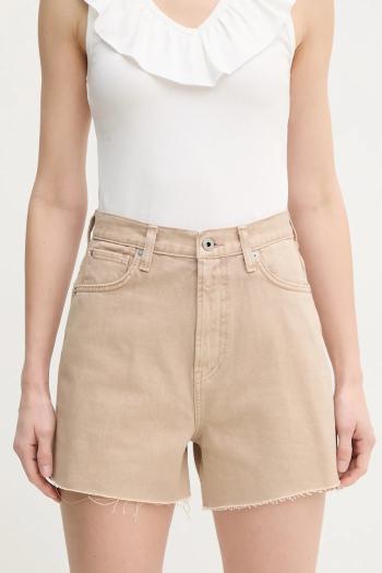 Rifľové krátke nohavice Pepe Jeans A-LINE SHORT UHW RACHEL dámske, béžová farba, jednofarebné, vysoký pás, PL801112YH9