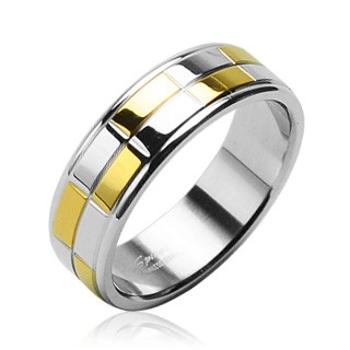 Oceľová obrúčka s lesklými obdĺžnikmi zlatej a striebornej farby - Veľkosť: 48 mm