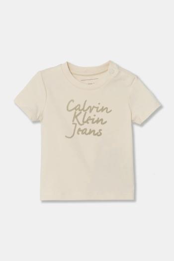 Detské bavlnené tričko Calvin Klein Jeans béžová farba, s potlačou, IN0IN00261