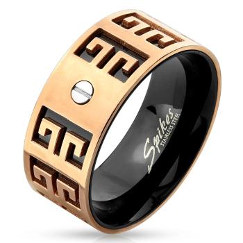 Oceľový prsteň - medeno-čierna kombinácia, vyryté symboly, malá skrutka, 9 mm - Veľkosť: 63 mm