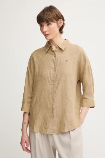 Ľanová košeľa Tommy Hilfiger béžová farba, voľný strih, s klasickým golierom, WW0WW46169