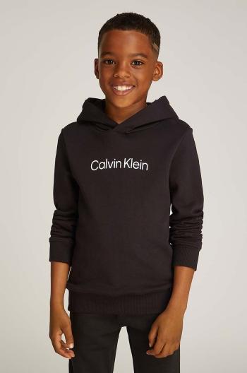 Detská bavlnená mikina Calvin Klein Jeans čierna farba, s kapucňou, s potlačou, IU0IU00679