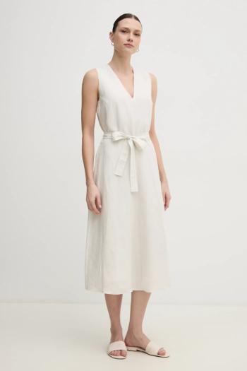 Šaty s prímesou ľanu Calvin Klein béžová farba, midi, áčkový strih, K20K208424