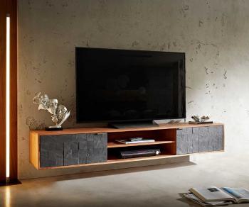 TV stolík Teele 200 cm prírodná akáciová bridlica 2 dvierka na