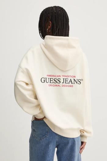 Mikina Guess Jeans dámska, béžová farba, s kapucňou, s potlačou, W4BQ21 KC811